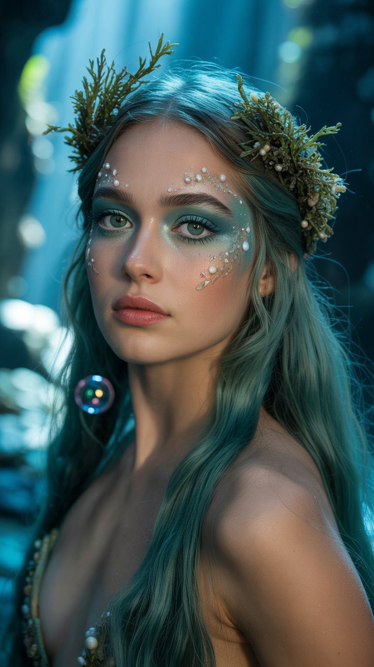 Mermaid-Inspired Makeup Look with Teal Hair, Seaweed Crown, and Pearls – Fantasy Underwater Beauty Ideas for Pinterest.