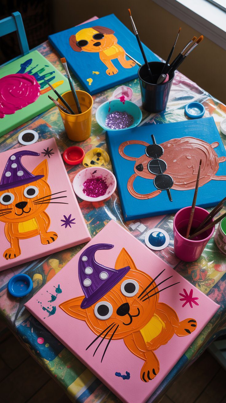 Kids’ Cartoon Animal Art Table Inspiration: Cat and Mouse Paintings, DIY Craft Supplies & Glitter Ideas for Creative Projects.