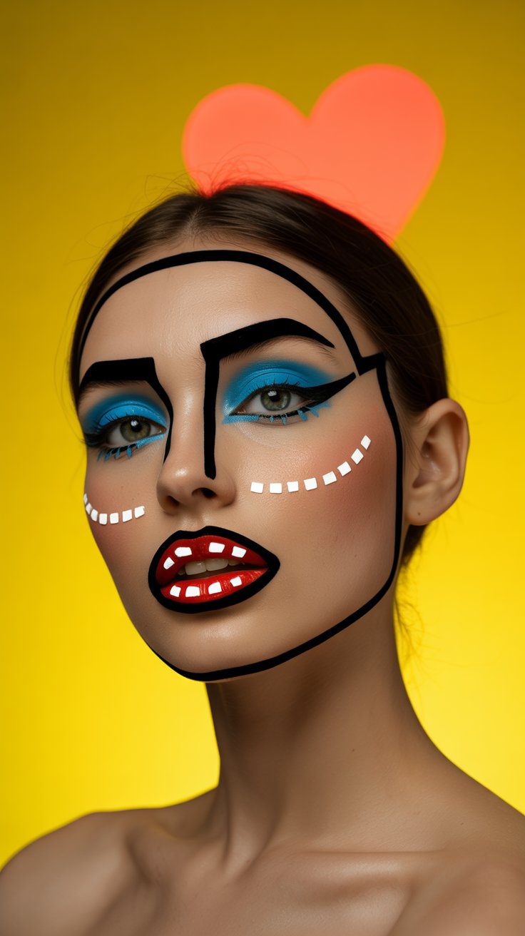 Pop Art Makeup Inspiration: Bold Female Portrait with Bright Colors, Retro Beauty, Blue Eyeshadow & Red Lips Aesthetic for Pinterest.