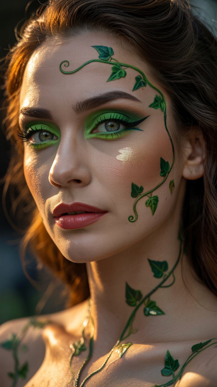 Nature-Inspired Makeup Look: Dramatic Green Eye and Leaf Art for Ethereal Beauty – Creative Spring Beauty Trends Ideas.