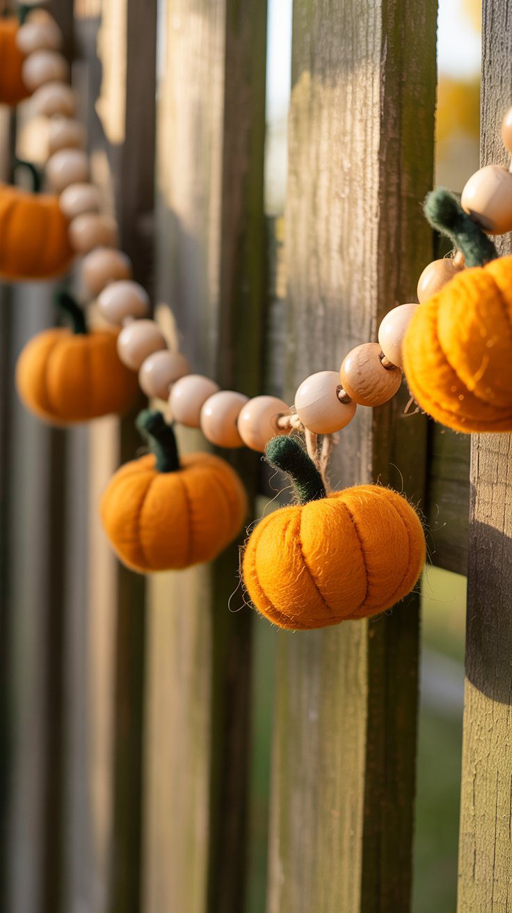 DIY Fall Garland Ideas: Wooden Fence Decor with Fabric Pumpkins and Bead Garland for Autumn Outdoor Decorating Inspiration.