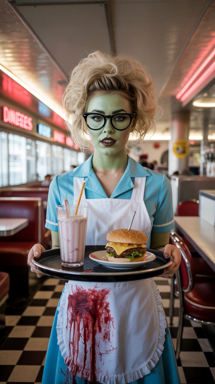 This look mashes up ‘50s Americana with classic undead chaos. It's quirky, creepy, and weirdly stylish. Perfect for themed parties, bar events, or Halloween nights where you're serving both vintage flair and full-on horror.