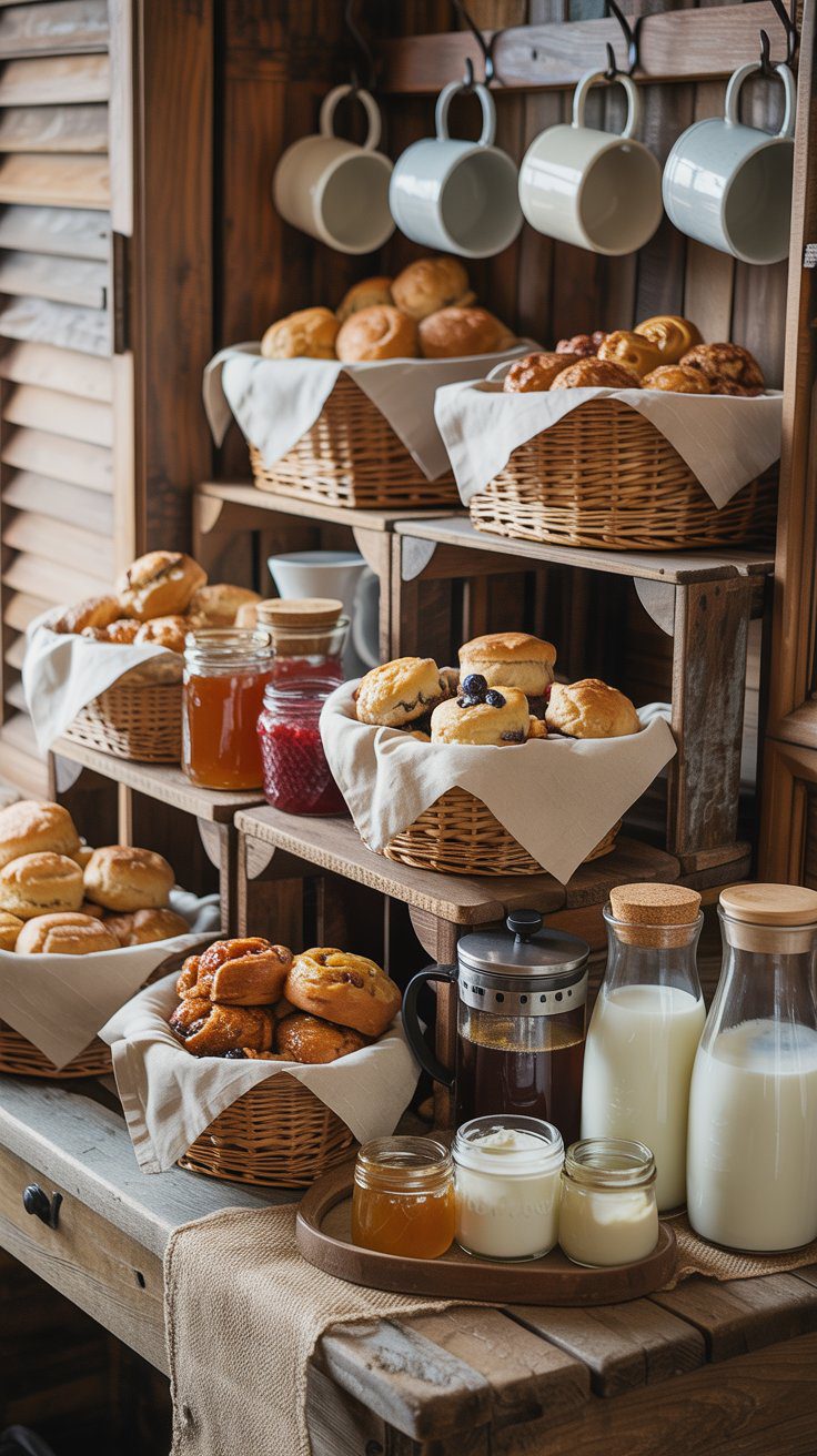 Clean lines and simple styling are the vibe here. Offer a sleek pour-over coffee setup with matte black or glass accessories, plus iced coffee in clear pitchers. Pastries should be cut into neat bite-sized squares—think blondies, brownies, or minimalist lemon bars. 