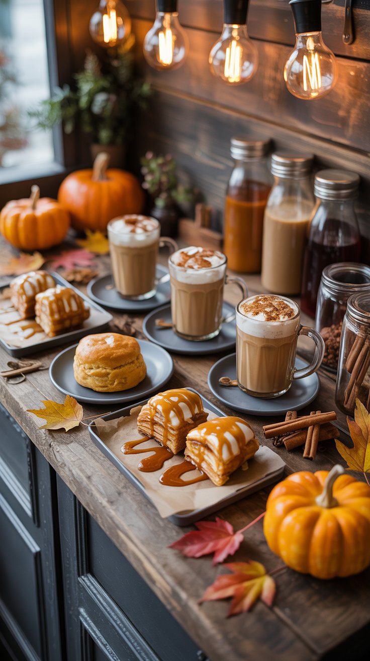 In "A cozy autumn setup…" discover coffee bar inspiration with fall lattes, pastries, pumpkins, and rustic seasonal décor ideas.