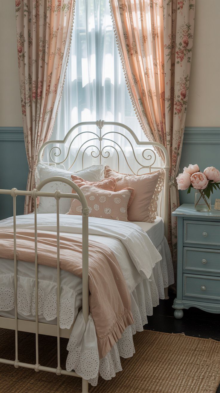 Romantic Vintage Bedroom Decor Ideas with Pink Accents and Floral Touches.