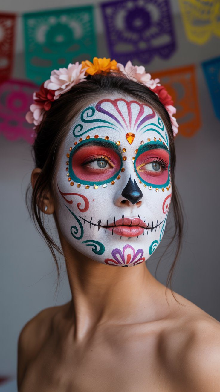Day of the Dead Makeup Inspiration: Woman with Sugar Skull Face Paint & Floral Headband, Mexican Papel Picado Decor Ideas.