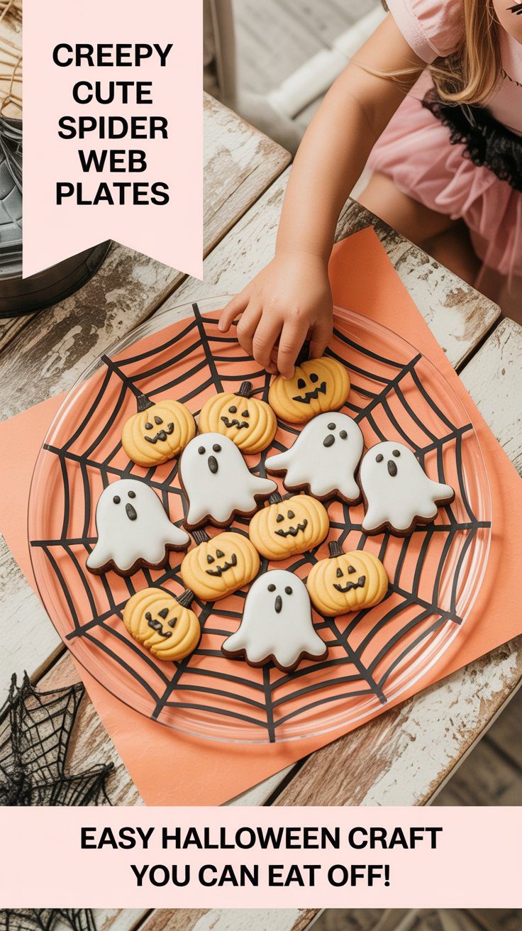 DIY Spider Web Plates for Halloween: Fun Edible Craft Ideas with Ghost & Pumpkin Cookies for Kids Parties and Fall Treats.
