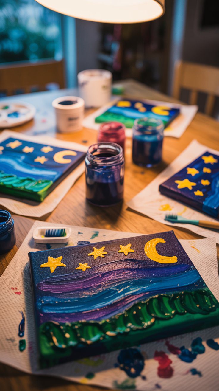 DIY Starry Night Canvas Painting Ideas: Creative Table Set Up with Paints, Brushes & Art Supplies for Beginners.