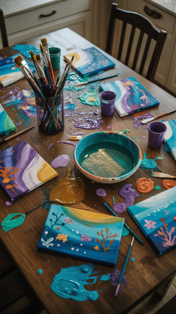 DIY Ocean Art Ideas: Creative Painting Supplies & Vibrant Canvas Projects for a Colorful Coastal-Inspired Craft Table.