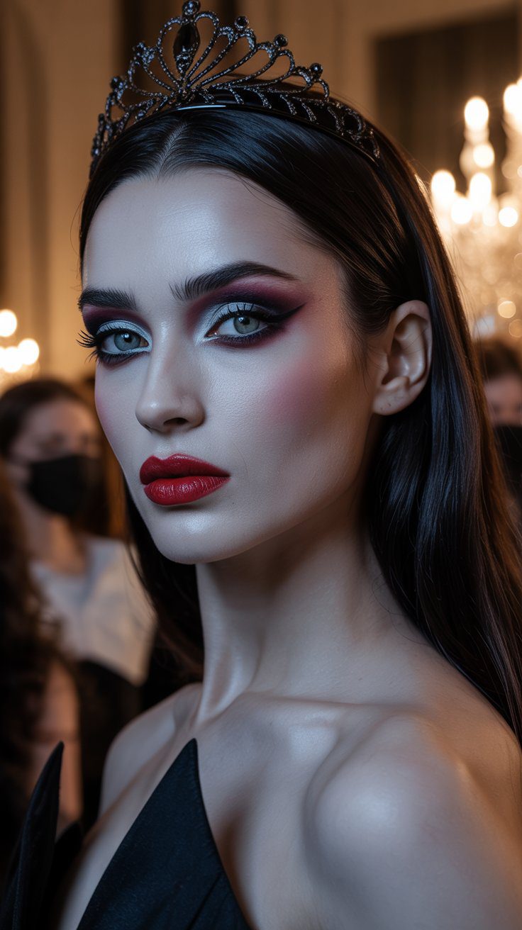 Glamorous Evening Makeup Idea: Bold Red and Pink Look with Tiara – Elegant Party Outfit Inspiration for Formal Events.