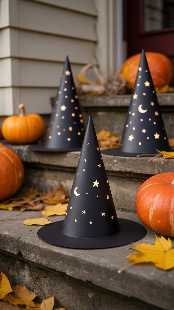 Halloween porch decor with witch hats, pumpkins, and autumn leaves—festive outdoor decorating ideas for fall and spooky season.
