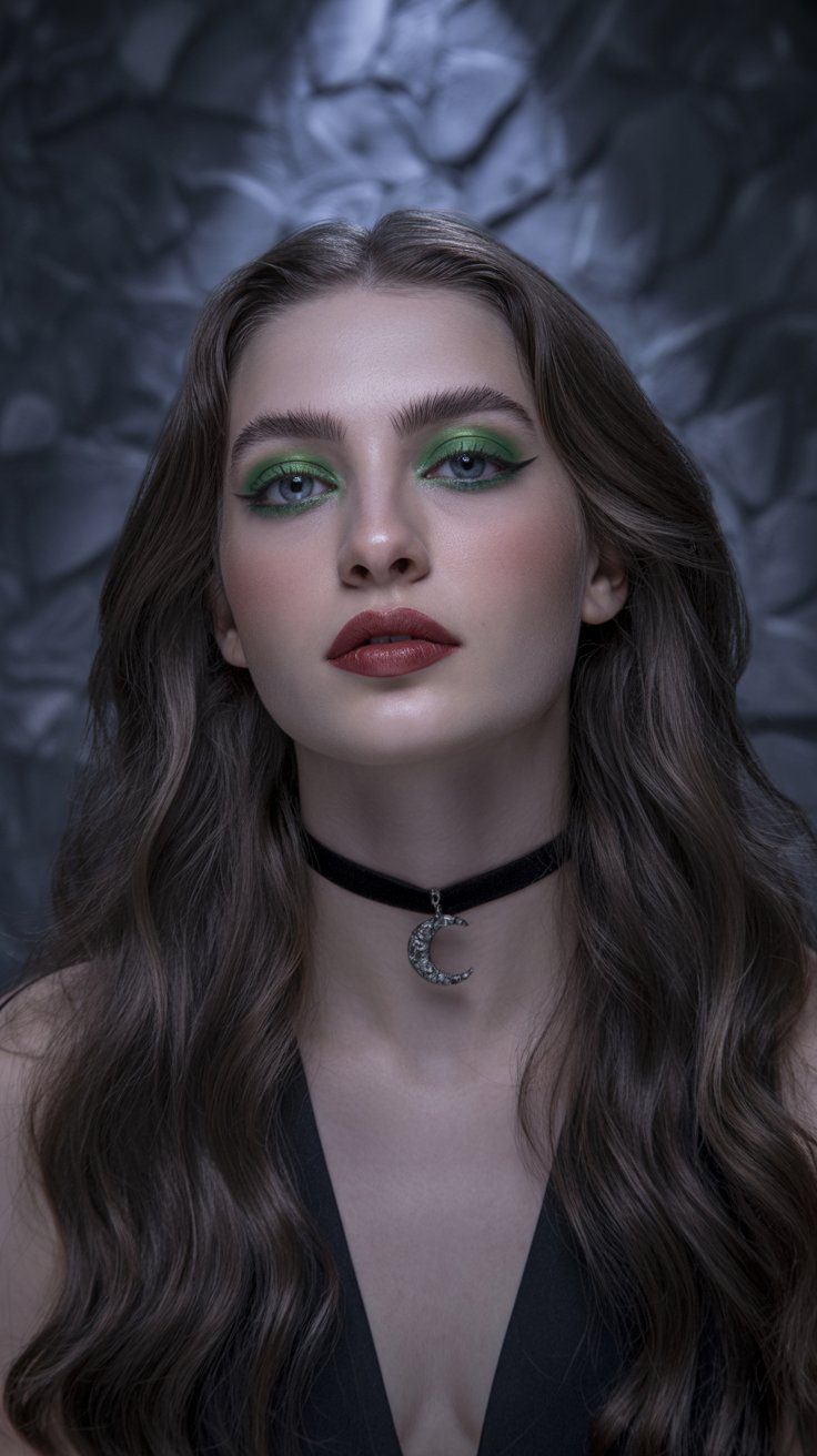 Gothic Makeup Look Inspiration: Bold Green Eyeshadow, Deep Red Lips & Crescent Moon Choker – Dark Aesthetic Beauty Trend.