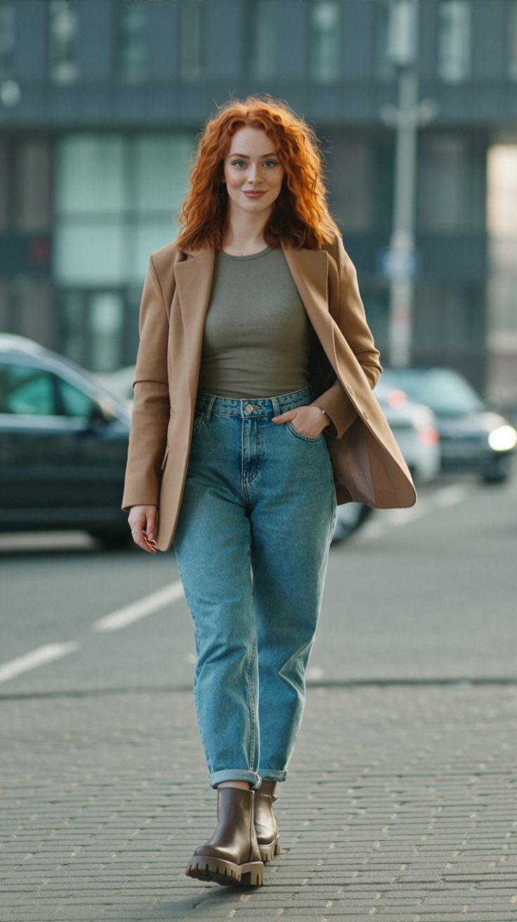 Chic Fall Street Style: Curly Red Hair, Tan Blazer, Olive Top & Blue Jeans Outfit Inspiration for Urban Fashionistas.