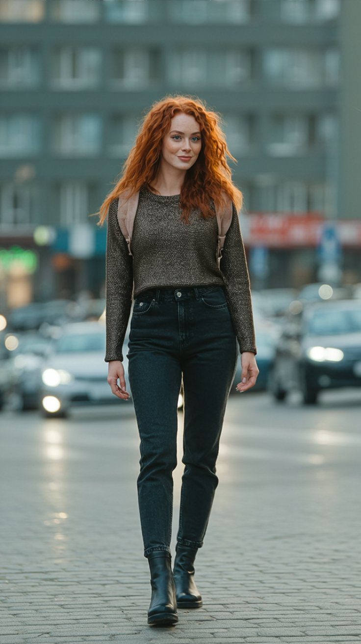 Chic Fall Street Style: Red-Haired Woman in Brown Sweater & Black Jeans Walking Downtown – Urban Fashion Inspiration.