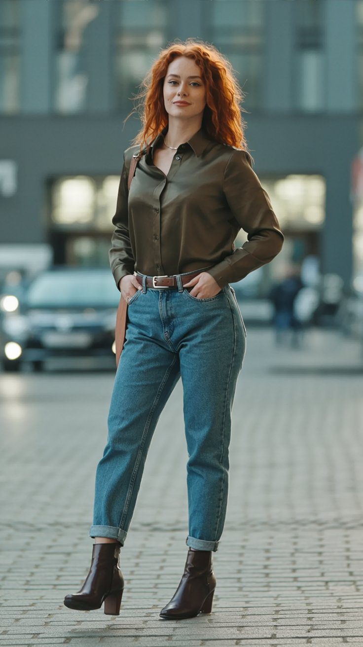Chic Fall Street Style: Redhead in Green Blouse, Blue Jeans & Heeled Boots - Modern City Fashion Inspiration.