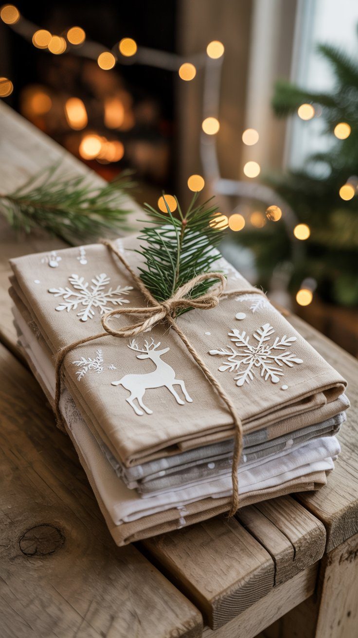 Cozy Christmas Gift Wrapping Ideas: Eco-Friendly Linens with Festive DIY Embellishments for Holiday Decor Inspiration.