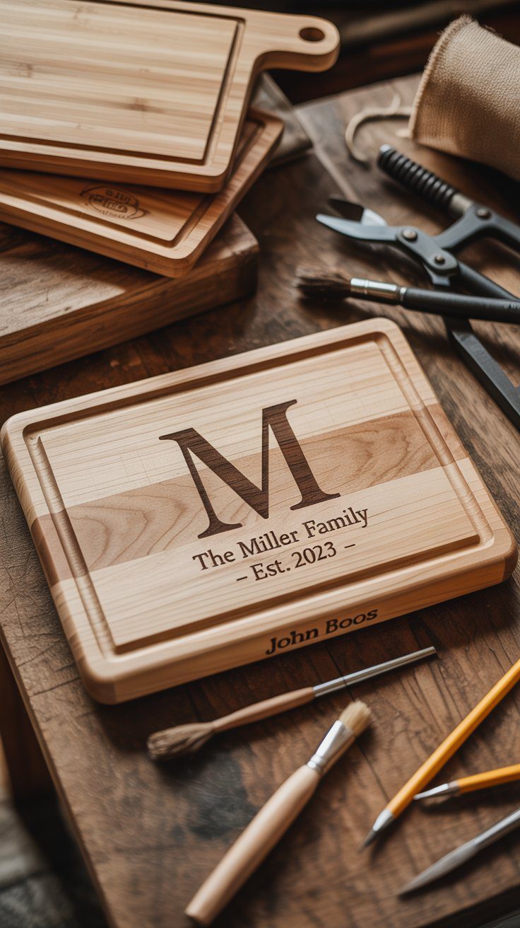 Custom Engraved Wooden Cutting Board Gift – Monogrammed Family Name & Date, Personalized Kitchen Decor for Rustic Homes.
