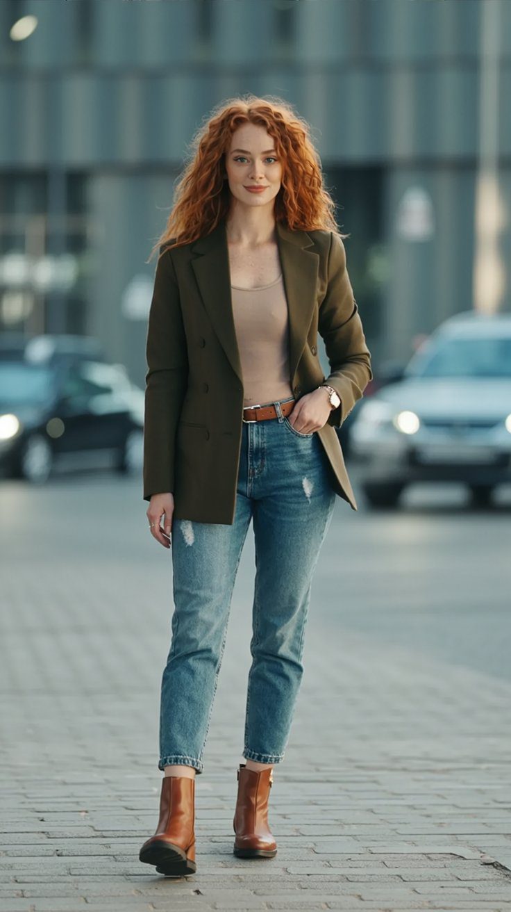 Chic City Street Style: Green Blazer Outfit with Curly Red Hair, Tan Top, Blue Jeans & Brown Boots for Fall Fashion Inspiration.