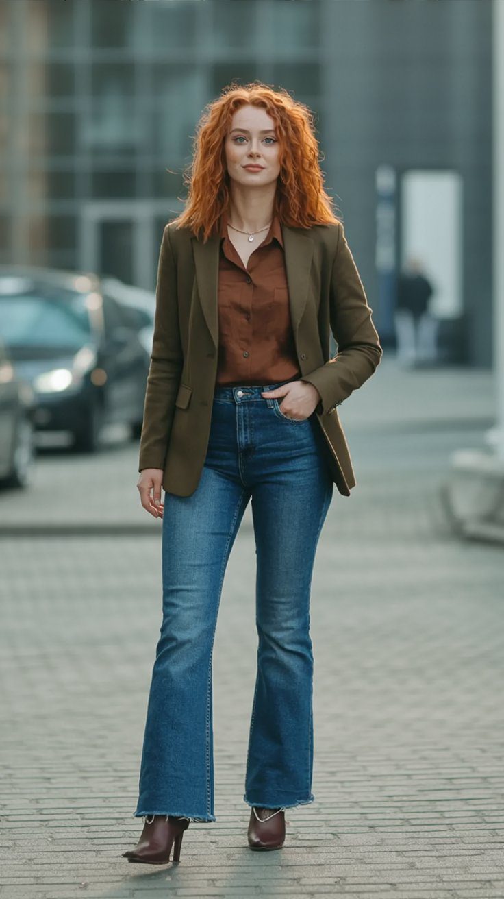 Chic Street Style: Curly Red Hair, Brown Blazer Outfit & Flared Jeans for Effortless City Fashion Inspiration.