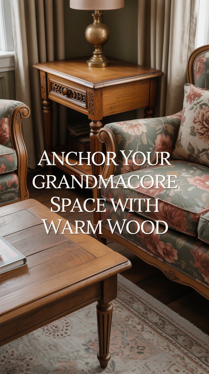 Explore how wooden accents ground a cozy Grandmacore living room with floral furniture and beige curtains in this detailed article.