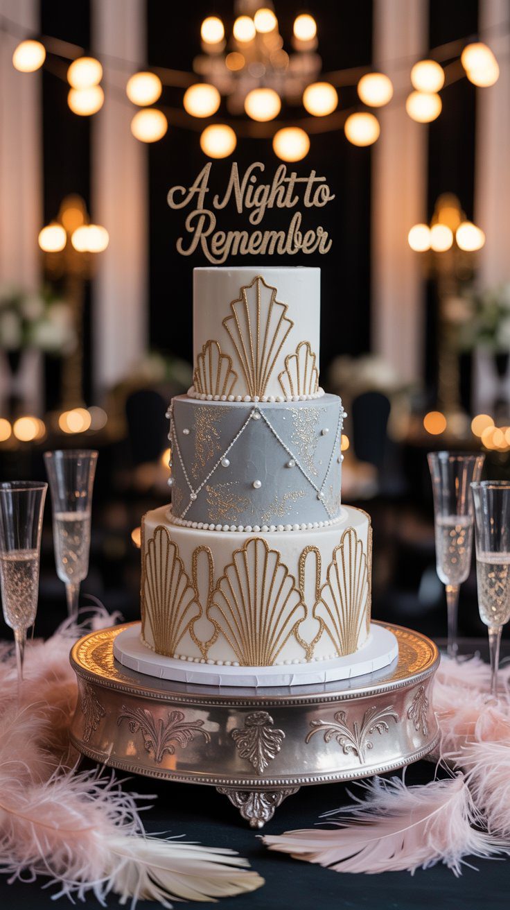 Glamorous Art Deco Cake for Great Gatsby Party: Gold & Pearl Details, Elegant Topper, Pink Feathers—1920s Theme Inspiration.