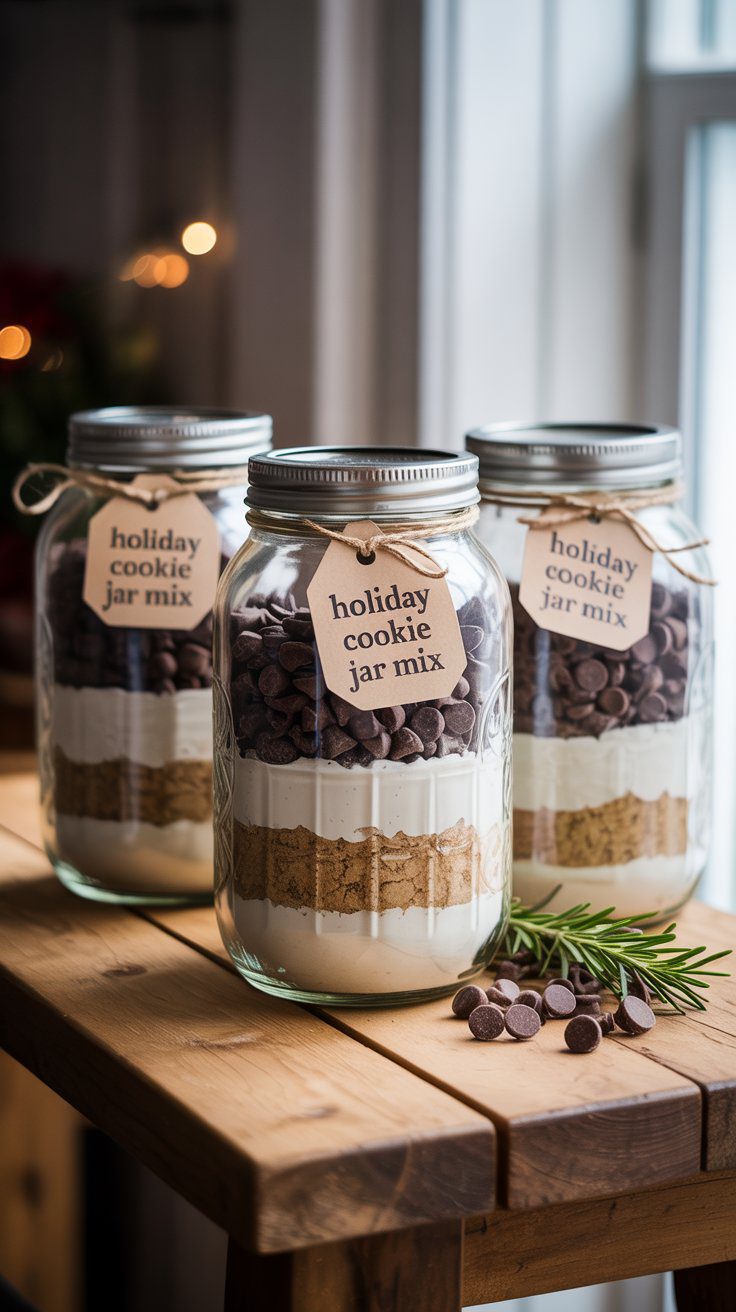 DIY Holiday Cookie Jar Mix Gift Ideas – Easy Layered Mason Jar Cookie Mixes with Tags for Christmas Food Gifts.