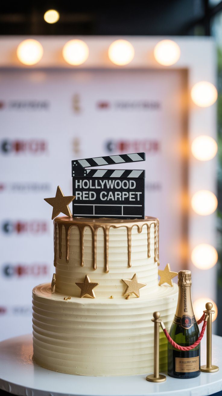 Hollywood Red Carpet Birthday Cake with Gold Drip, Clapperboard Topper, Champagne & Red Carpet Party Decorations.