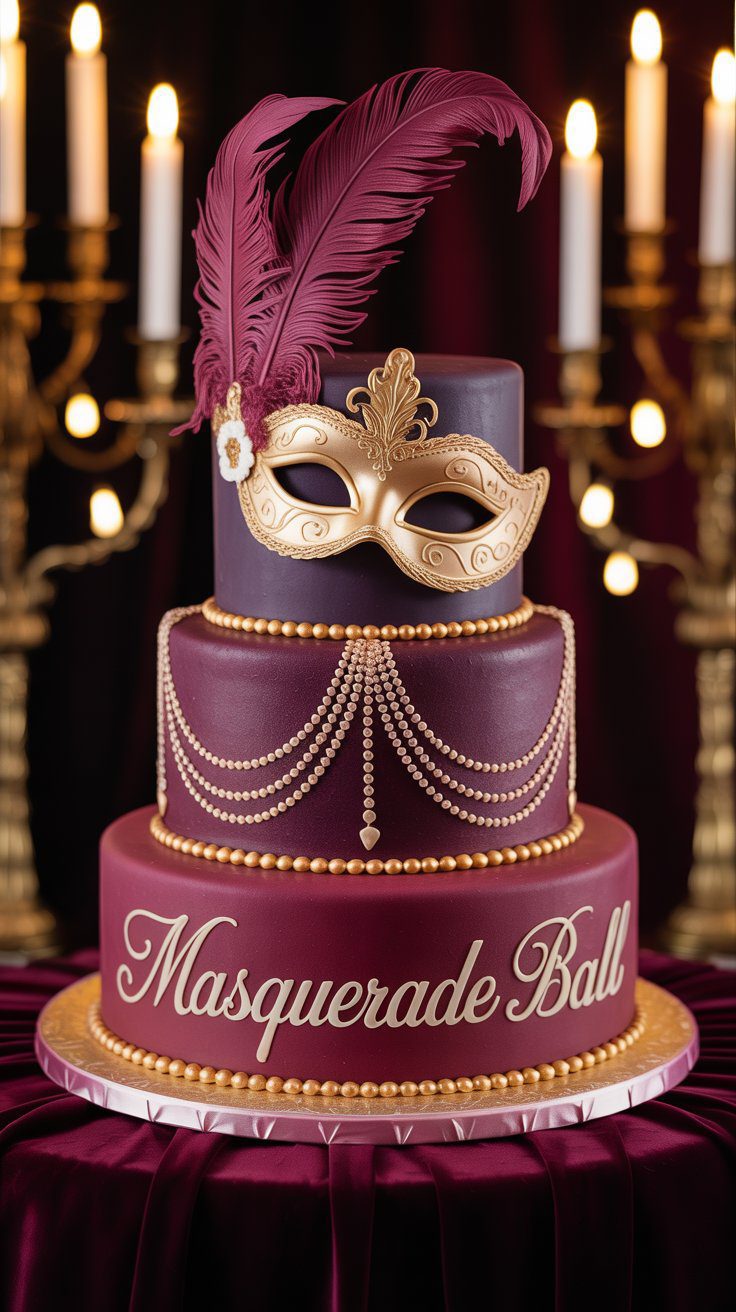 Elegant Masquerade Ball Cake Ideas: Burgundy and Gold Tiered Cake with Mask & Feathers for Glamorous Party Decor Inspiration.