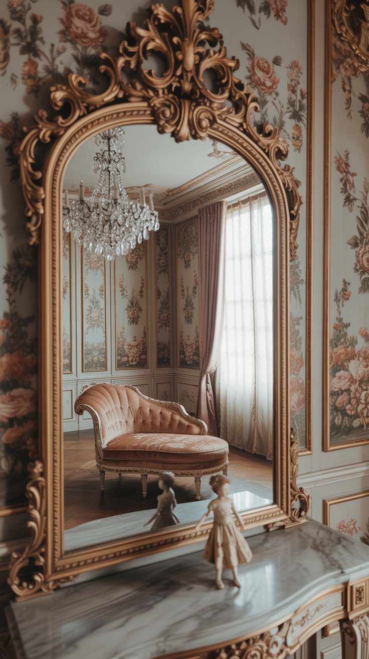 Vintage Glam Decor Inspiration: Gold-Framed Mirror, Crystal Chandelier & Doll Mantel Styling for Elegant Living Rooms.