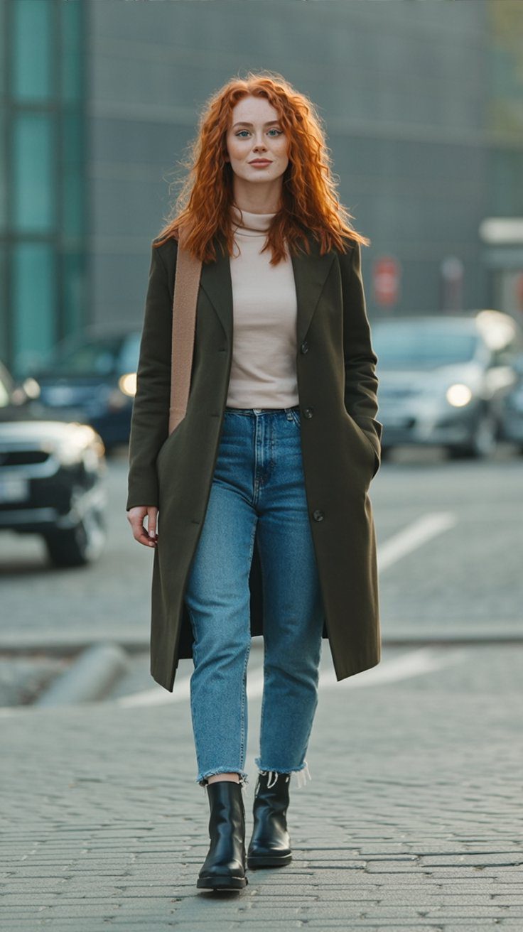 Chic Fall City Street Style: Woman in Olive Coat, Blue Jeans & Black Boots – Effortless Autumn Outfit Inspiration.