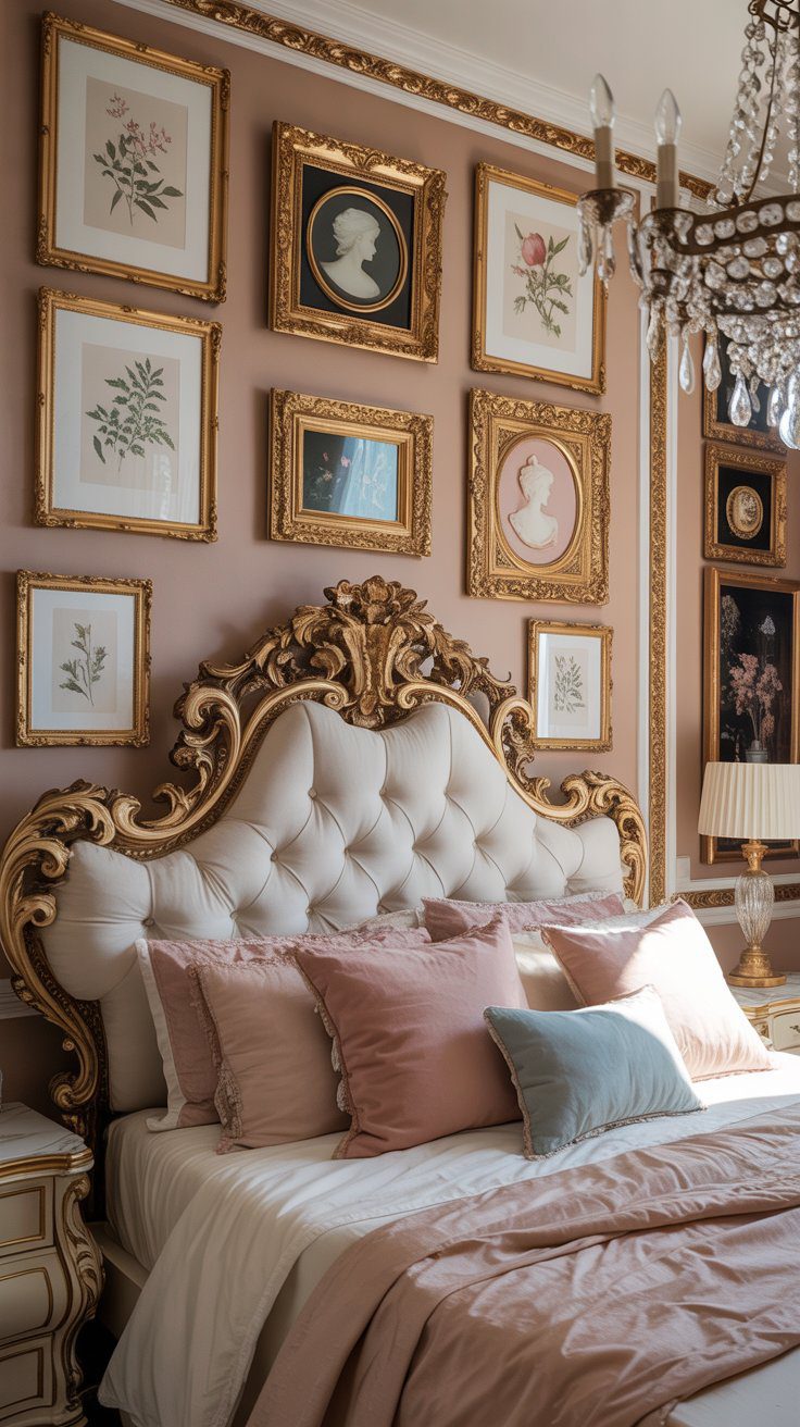 Elegant Glam Bedroom Decor Ideas: Tufted Headboard, Plush Pillows, Crystal Chandelier & Mauve Walls with Gold Art Inspiration.