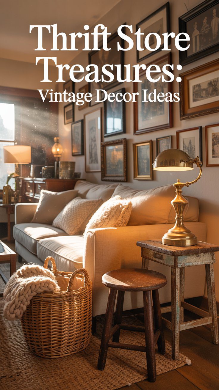 Discover cozy charm with a cream sofa, playful pillows, warm throws, and unique vintage finds from your local thrift store.