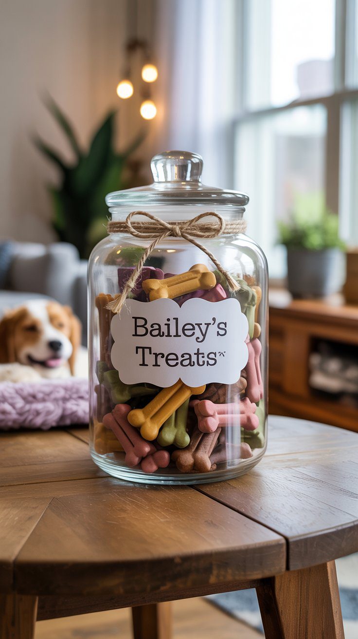 Homemade Dog Treats in Mason Jar – Easy Recipe for Colorful Dog Bones with Beagle in Cozy Living Room Setting.