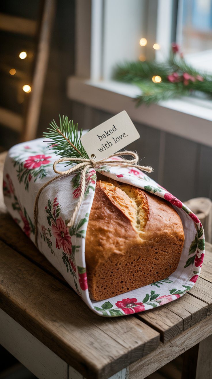 Rustic Holiday Gift Idea: Homemade Bread Wrapped in Festive Cloth With Pine and Tag – Perfect for Christmas Tablescape Decor.