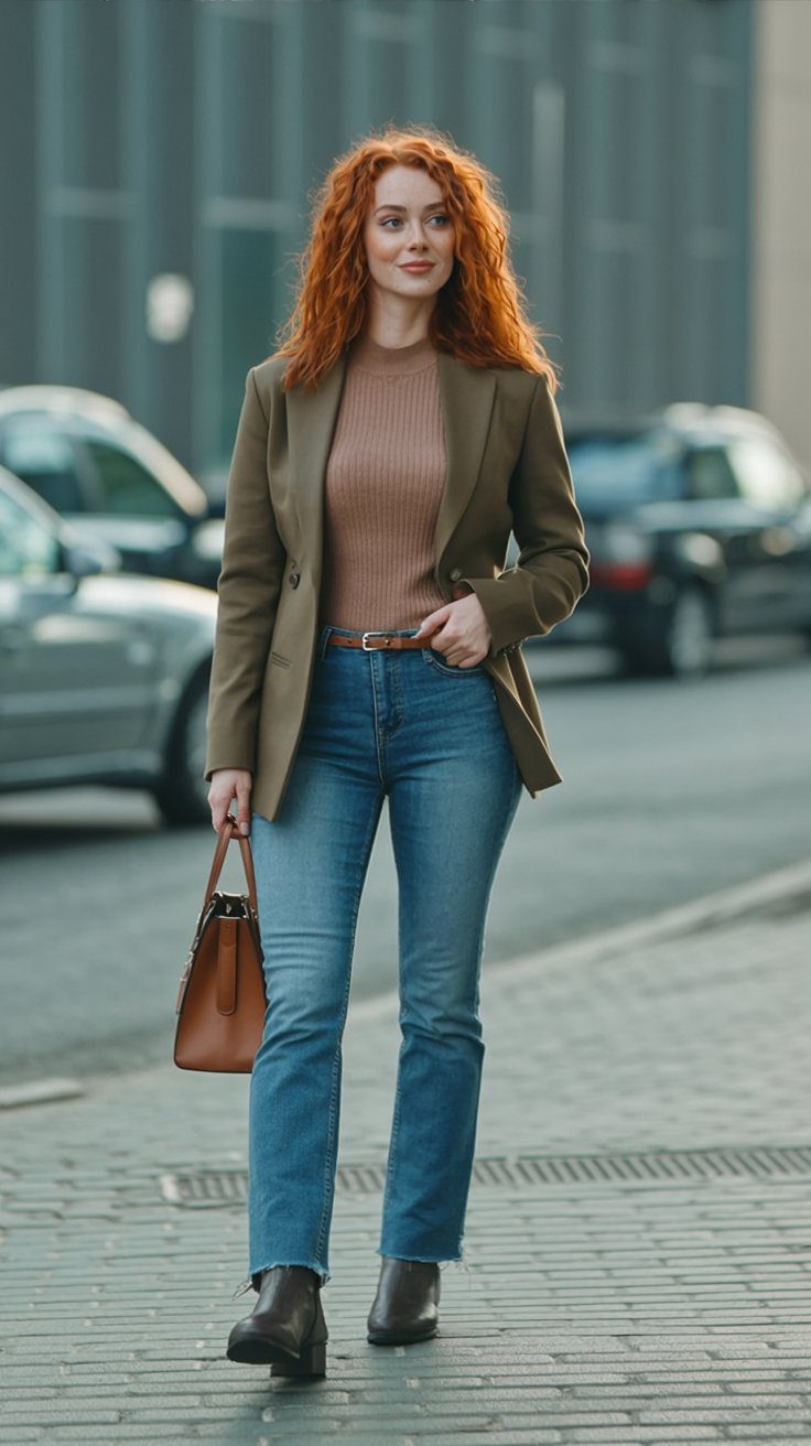 Chic Fall Street Style Outfit: Brown Blazer, Sweater, Blue Jeans & Boots for Women’s Casual Urban Fashion 2024.