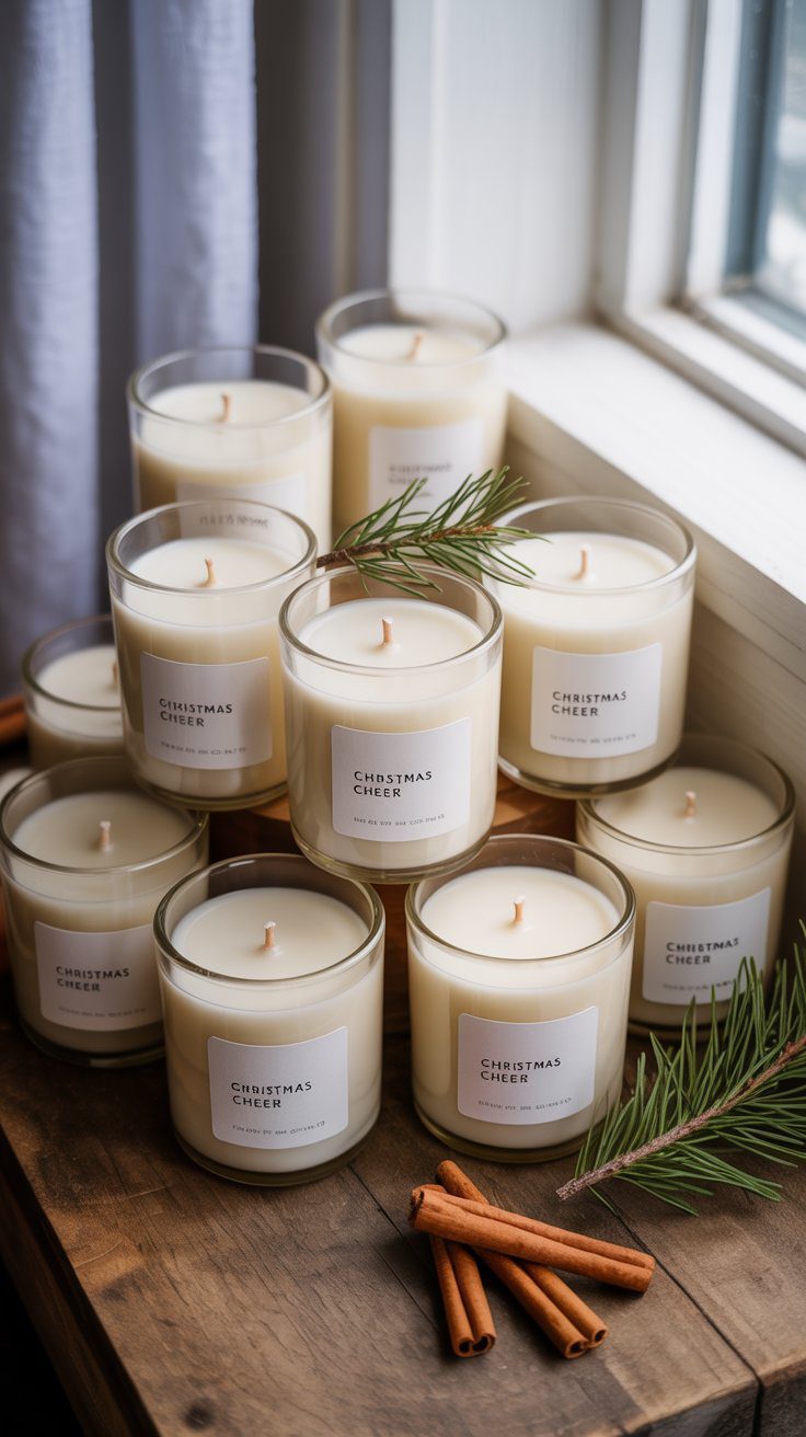 DIY Christmas Candle Display with Cinnamon Sticks & Pine Decor—Festive Holiday Jar Candles for Cozy Winter Home Decor Ideas.