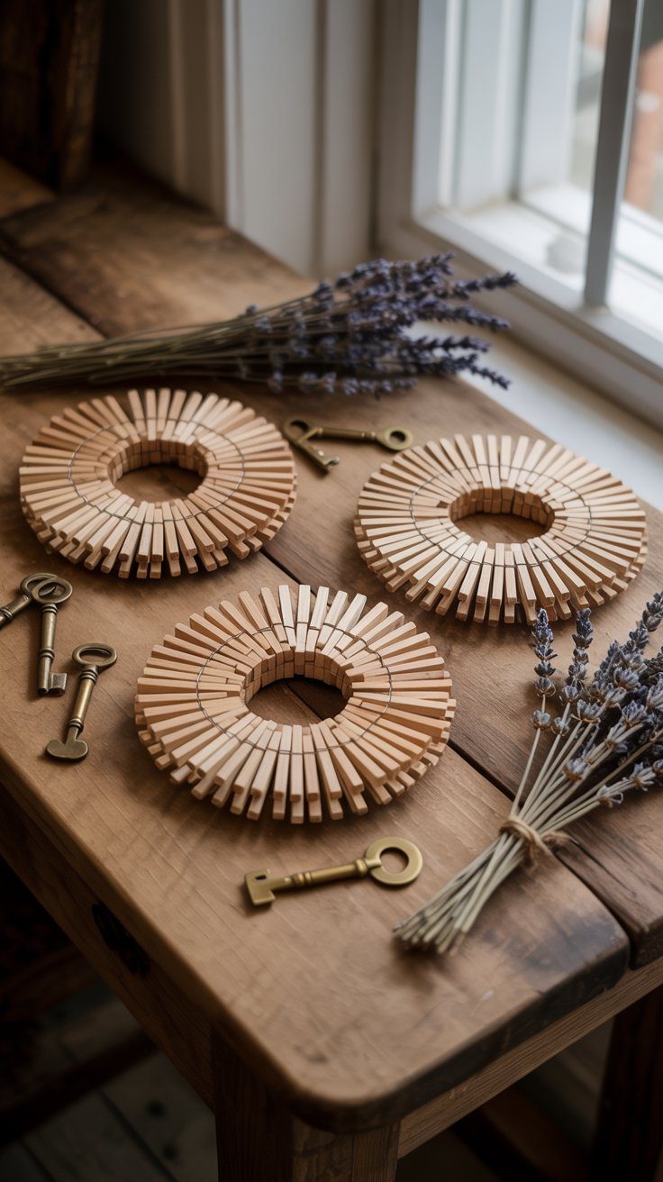 DIY Wooden Clothespin Crafts with Lavender and Vintage Keys – Rustic Table Decor Ideas for Creative Pinterest Home Projects.