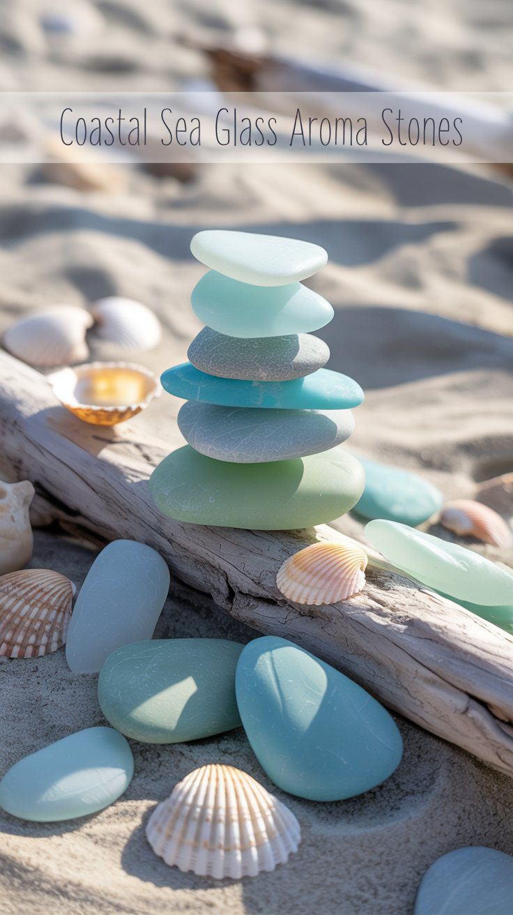 Coastal Sea Glass Aroma Stones DIY: Blue & Green Beach Decor Ideas with Seashells, Driftwood, and Ocean-Inspired Scents.