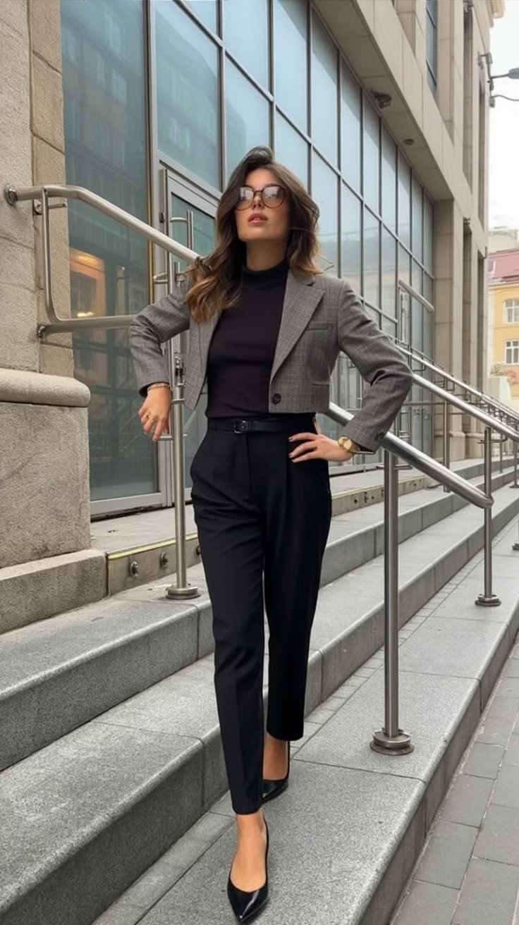 Confident Businesswoman Climbing City Steps Outside Modern Office – Empowerment, Career Success, Professional Attire Style Ideas.