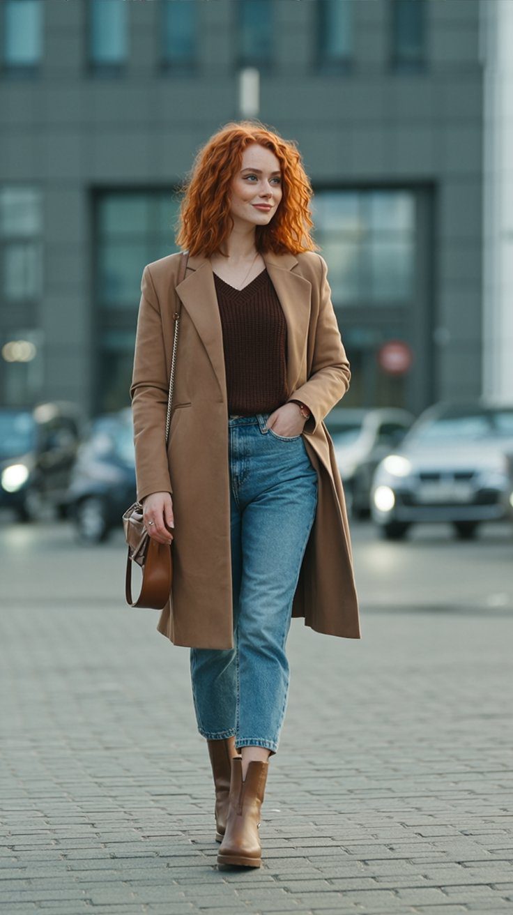 Chic Fall Street Style: Curly Red Hair, Tan Coat & Brown Boots Outfit Inspiration for City Strolls.