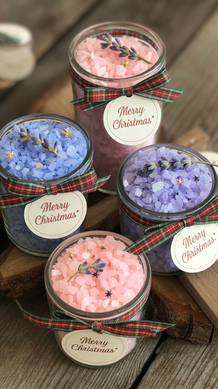 DIY Christmas Bath Salt Jars with Dried Flowers – Festive Handmade Gift Ideas with Plaid Ribbon for Holiday Homemade Gifts.