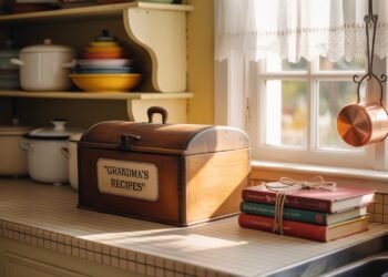 Cozy Vintage Kitchen Decor Ideas: Wooden Recipe Box, Tied Cookbooks, Copper Accents & Lace Curtains for Home Inspiration.