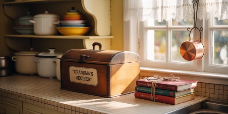 Cozy Vintage Kitchen Decor Ideas: Wooden Recipe Box, Tied Cookbooks, Copper Accents & Lace Curtains for Home Inspiration.