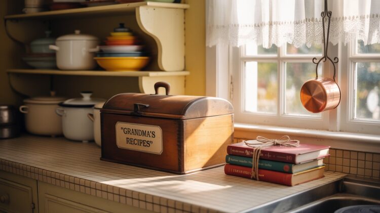 Cozy Vintage Kitchen Decor Ideas: Wooden Recipe Box, Tied Cookbooks, Copper Accents & Lace Curtains for Home Inspiration.