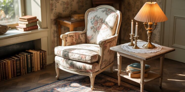 Vintage Cozy Reading Nook Decor with Floral Armchair, Books, Candles, and Sunlit Comfort—Inspiring Home Library Ideas.