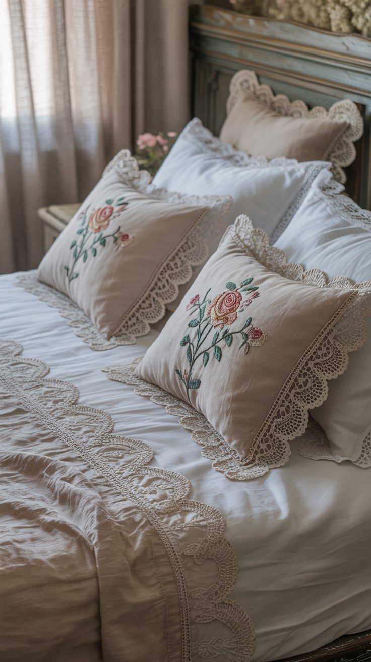 Grandmacore bedrooms start with the bed itself, and nothing sets the tone like lace and embroidery. Swap out plain pillowcases for ones trimmed with lace or floral embroidery. These little details make your bed feel softer and more romantic. Don’t just stop at pillows—look for embroidered sheet sets or even a vintage linen coverlet. Instructional tip: layer them. Use crisp white sheets as the base, then add embroidered pillowcases in front of your sleeping pillows so the design is always visible. Estate sales often have bundles of vintage linens for just a few dollars, and the quality is often far better than anything new.
