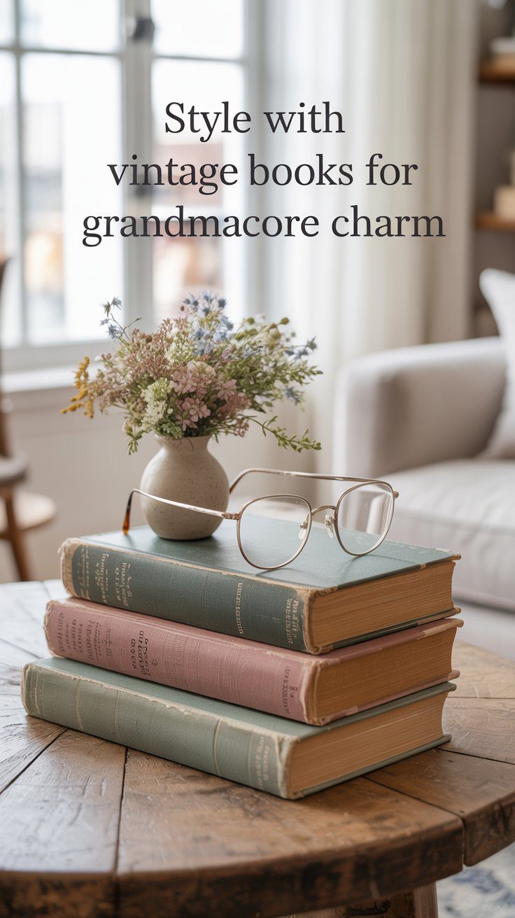 Discover how to style your living room with grandmacore vintage books, wildflowers, and reading glasses for timeless cozy charm.