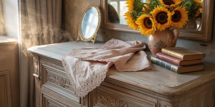 Charming Vintage Dresser Decor Ideas with Sunflowers, Pink Lace, Books & Morning Sunlight – Cozy Bedroom Inspiration.