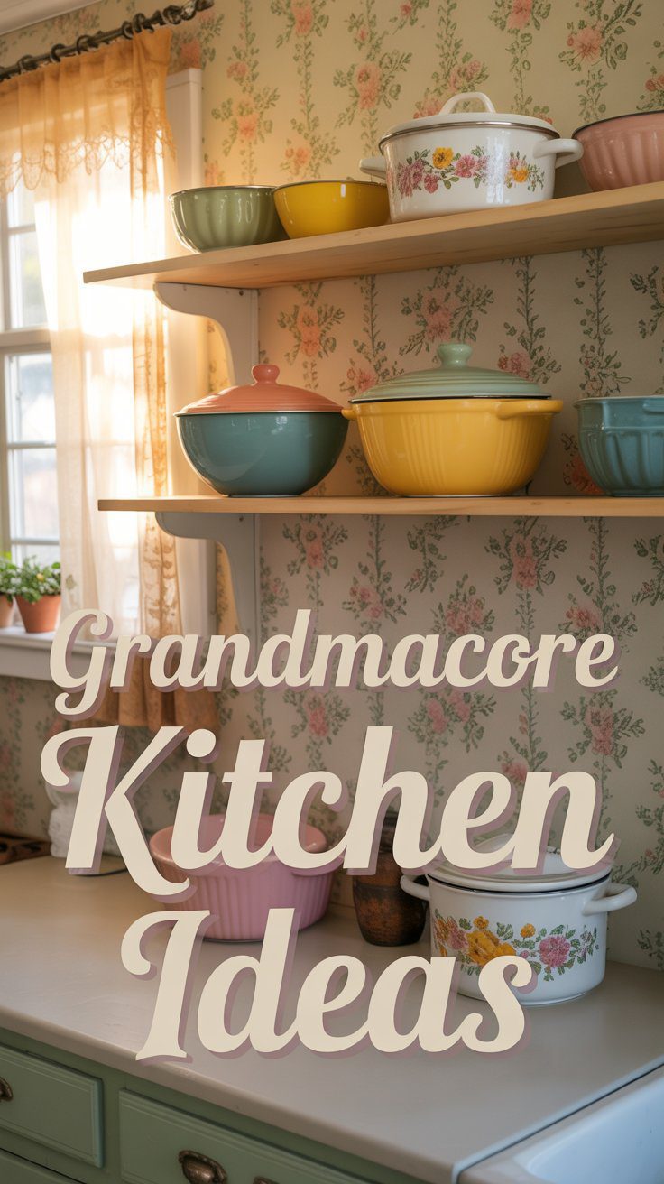 Discover grandmacore kitchen ideas, featuring pastel and floral pots on open shelves in a cozy, vintage kitchen with lace curtains.