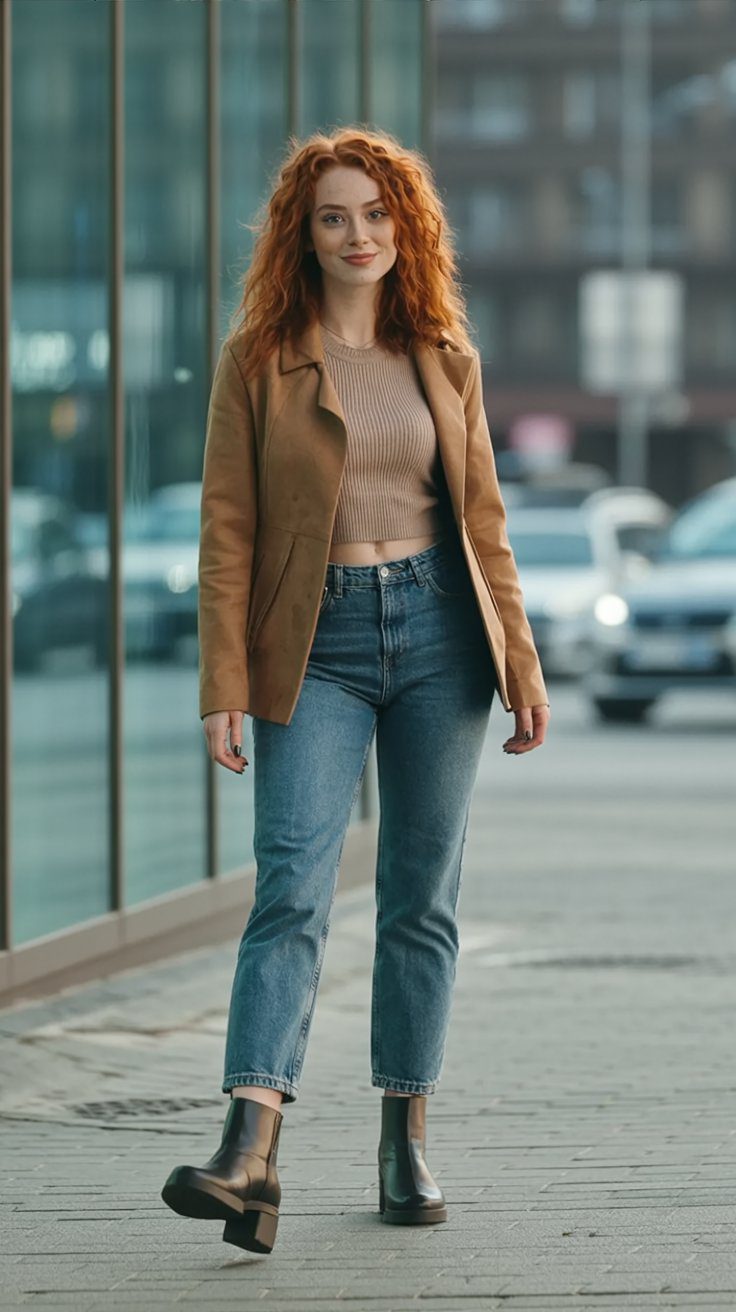 Chic Fall Street Style Outfit: Curly Red Hair, Brown Blazer, Beige Top & Black Boots for Effortless City Fashion Inspiration.